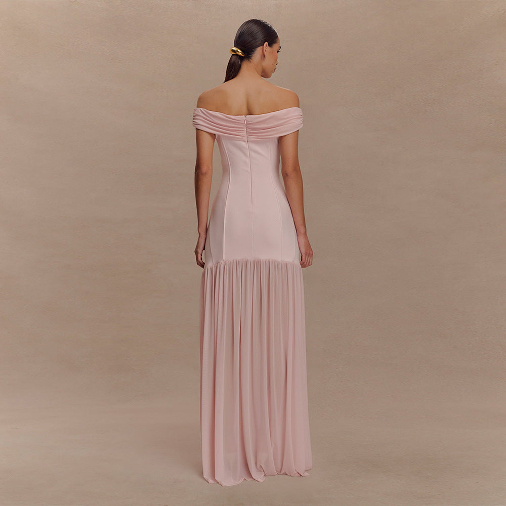 Elegant Tube Top Ladies Dress Sexy Mesh Stitching Backless Pleated Slim Fit Maxi Dress  DestGlow