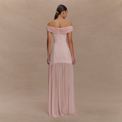 Elegant Tube Top Ladies Dress Sexy Mesh Stitching Backless Pleated Slim Fit Maxi Dress  DestGlow