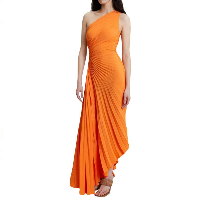 Women Clothing One Shoulder Diagonal Collar Pleated Hollow Out Cutout Dress by Ragazza