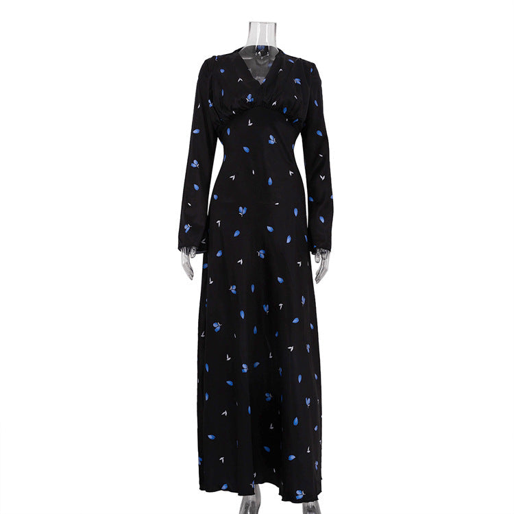 Women Clothing Spring Autumn Elegant Printed Satin Dress V neck Long Sleeve Lace up High Grade Dress by Ragazza