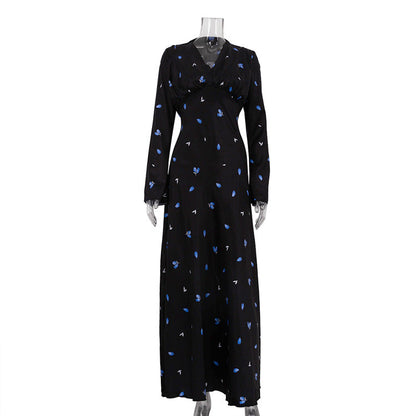 Women Clothing Spring Autumn Elegant Printed Satin Dress V neck Long Sleeve Lace up High Grade Dress by Ragazza