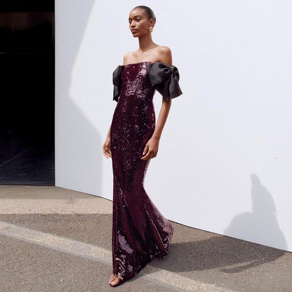 Coffee Color Colorful Sequin Long Evening Dress off Shoulder Black Bow Cocktail Fishtail Dress by Ragazza