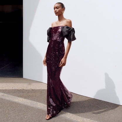 Coffee Color Colorful Sequin Long Evening Dress off Shoulder Black Bow Cocktail Fishtail Dress by Ragazza