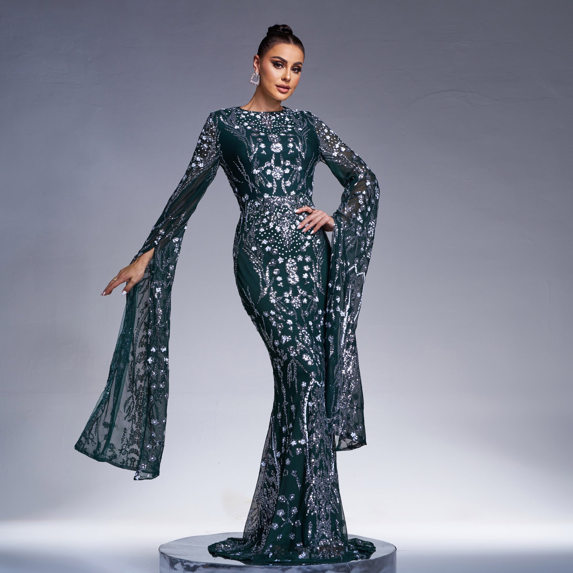 Super Long Sleeve Crew Neck Sexy Slim Long Sequined Cocktail Evening Dress Bridesmaid Dress by Ragazza