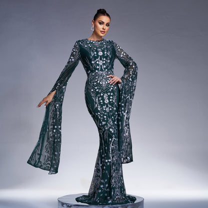 Super Long Sleeve Crew Neck Sexy Slim Long Sequined Cocktail Evening Dress Bridesmaid Dress by Ragazza