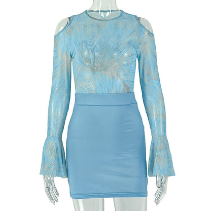Women Clothing Home Micro Transparent Skinny One Shoulder Hollow Out Cutout round Neck Flared Long Sleeve Short Dress  DestGlow