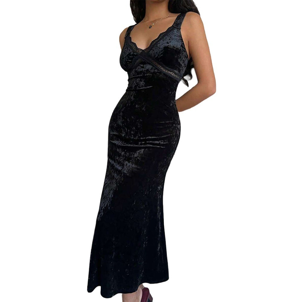 French Romantic Velvet Lace V neck Patchwork Sleeveless Dress Slim Fit Sheath Fishtail Dress Inner Wear by Ragazza