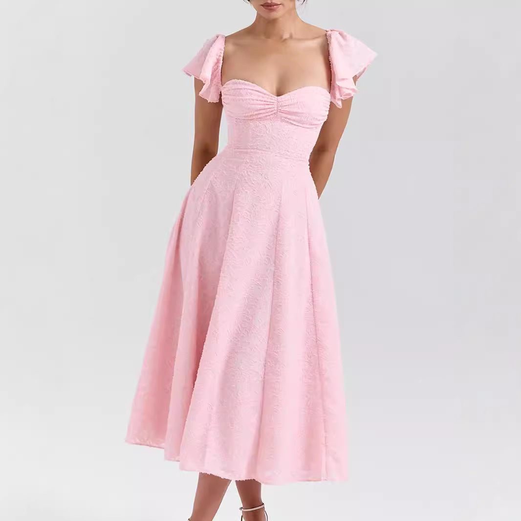 Women Wear Pink Sexy Square Neck Fitted Waist Backless Mid Length Dress French Dress by Ragazza