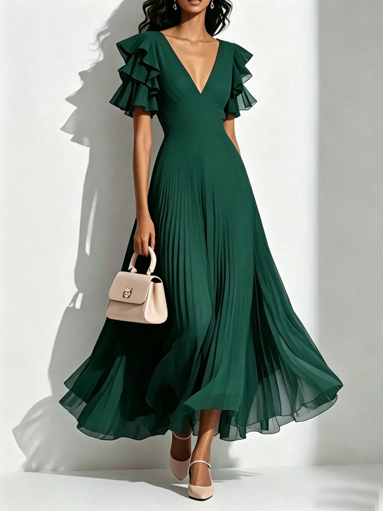 V neck Flounce Pleated Dress Women Elegant Graceful Waist Controlled Large Hem Dress  DestGlow