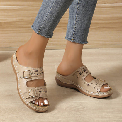 Carved Belt Buckle Platform Slippers Women Wedge Lightweight Outdoor Slippers  DestGlow