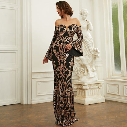 Long Sleeved Elegant Sexy Tight Long Sequined Slim Fit Off Neck Annual Party Evening Dress Women by Ragazza