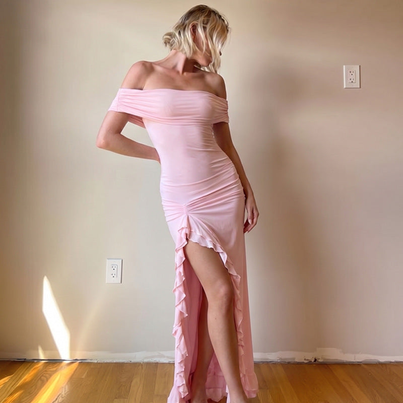 Summer off Neck Solid Color Strapless Sexy Split Ruffled Dress Women  DestGlow