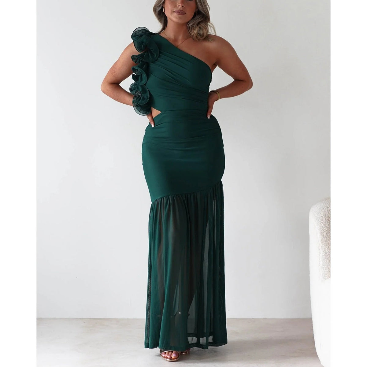 Autumn Winter Hollow Out Cutout out One Shoulder Ruffled Mesh Dress  DestGlow