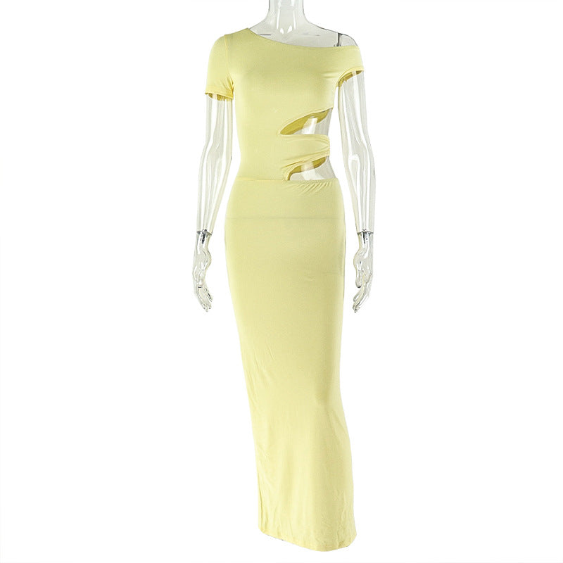 Solid Color Elegant Women Sheath Slim Fit One Step Dress Hollow Out Cutout Asymmetric Dress Evening Party Dress by Ragazza