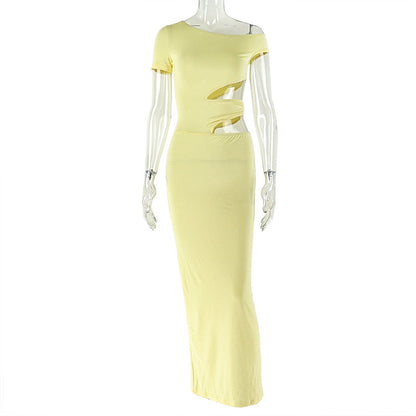 Solid Color Elegant Women Sheath Slim Fit One Step Dress Hollow Out Cutout Asymmetric Dress Evening Party Dress by Ragazza