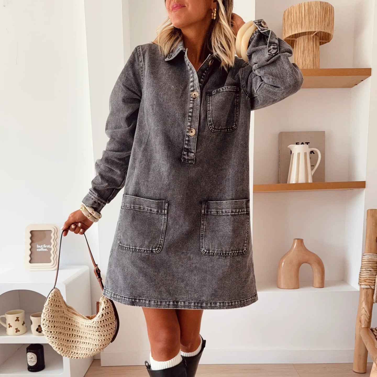 Women Collared Long Sleeve Loose Denim Dress by Ragazza