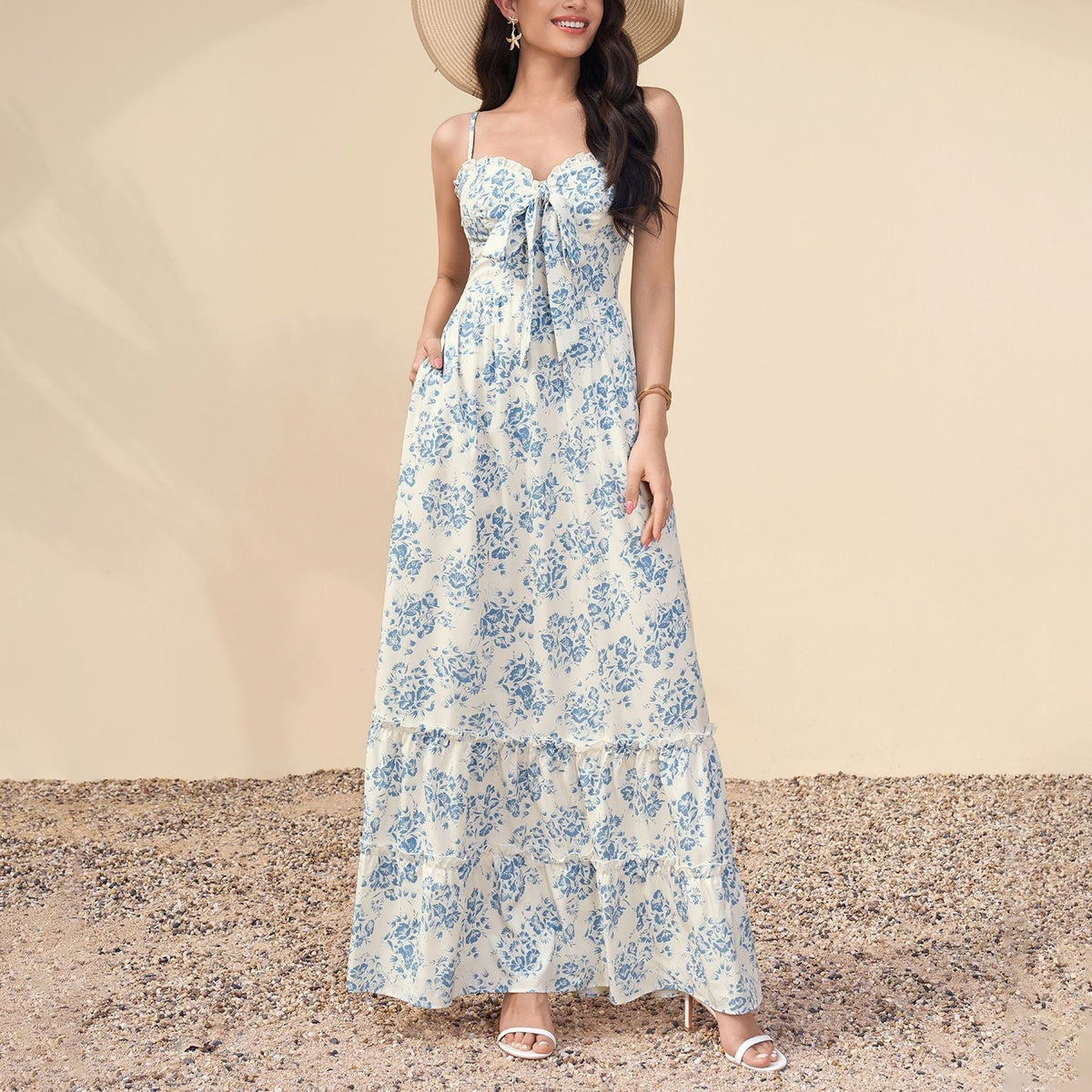 Four Sided Stretch Strap Dress Sexy Printed Wooden Ear Decoration Waist Slimming Maxi Dress  DestGlow
