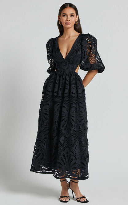 Women Clothing Hollow Out Cutout out Dress Summer V neck Lace Embroidery Sexy Waist Baring Dress by Ragazza