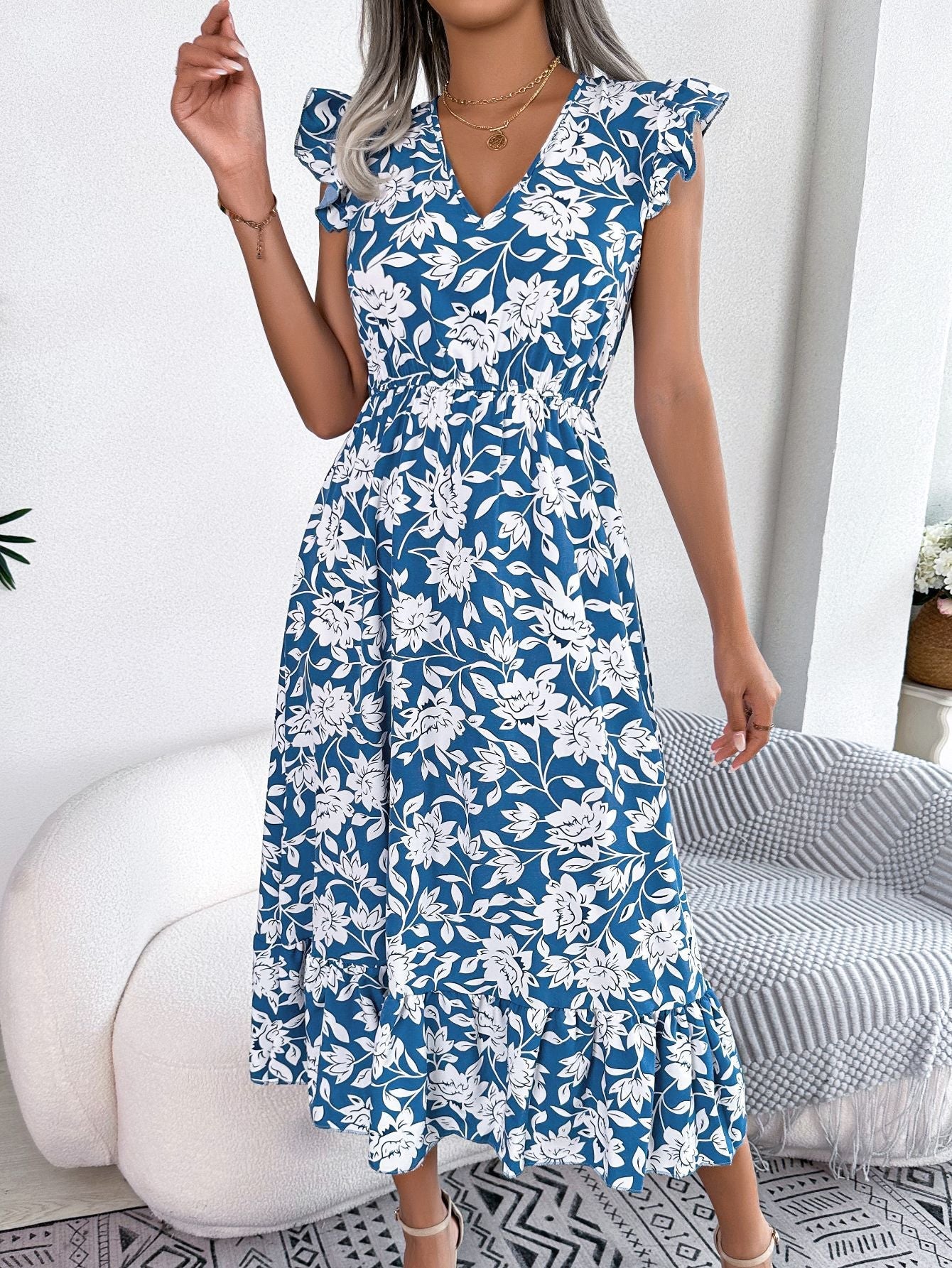 Spring Summer Casual Wooden Ear Floral Waist Slimming Maxi Dress Holiday Dress Women Clothing by Ragazza