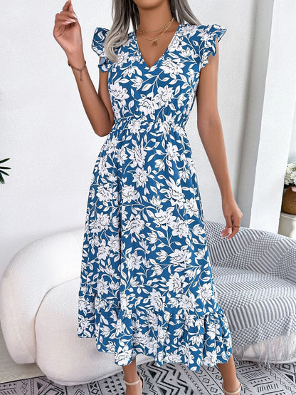 Spring Summer Casual Wooden Ear Floral Waist Slimming Maxi Dress Holiday Dress Women Clothing by Ragazza