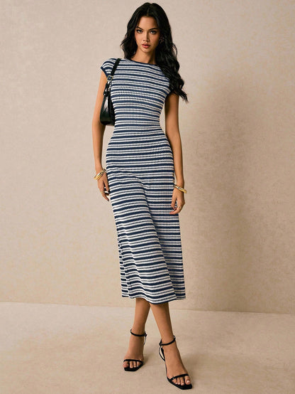 Casual Multicolor Striped Waist round Neck Short Sleeve Long Pattern Women Dress  DestGlow