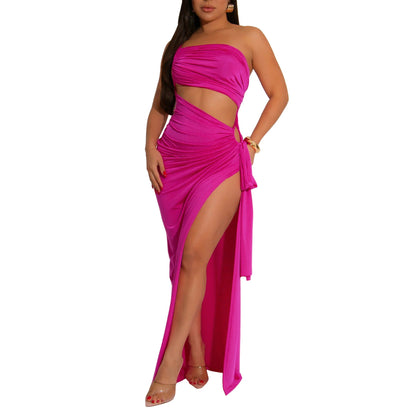 Supply Women Wear Solid Color Diagonal Collar Sexy Tube Top Split Dress by Ragazza