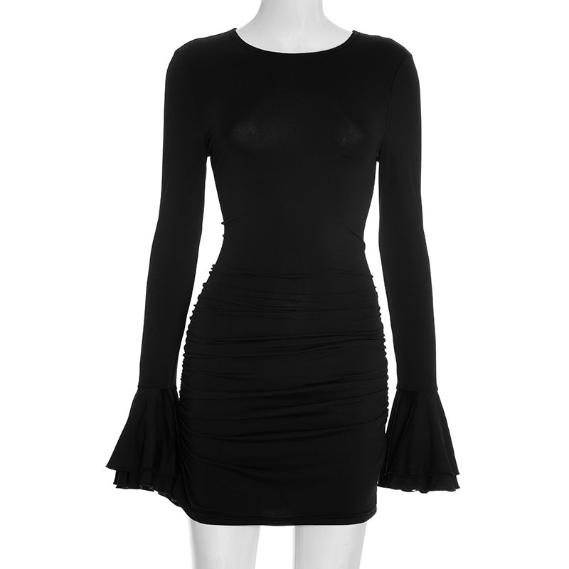 Women Clothing Autumn Solid Color Slim Casual Elegant round Neck Long Sleeve Ruffled Dress by Ragazza