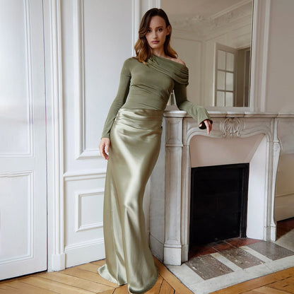 Women Clothing Mori Adult Lady like Woman Elegant Formal Dress Diagonal Collar Long Sleeve Slim Fit Sexy Fishtail Dress by Ragazza