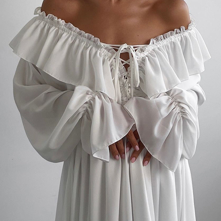 Drawstring V neck Flared Sleeves Chiffon Dress Asymmetric Design White Casual Long A line Dress by Ragazza