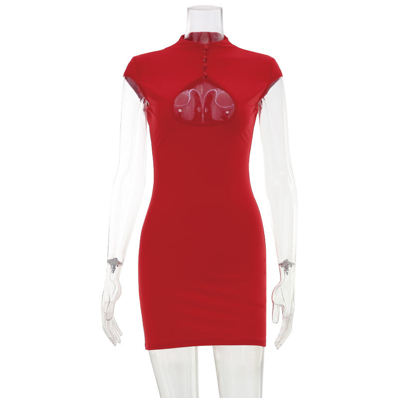 Women Summer Solid Color Chest Hollow Out Cutout Design Sexy Dress Hip Dress  DestGlow