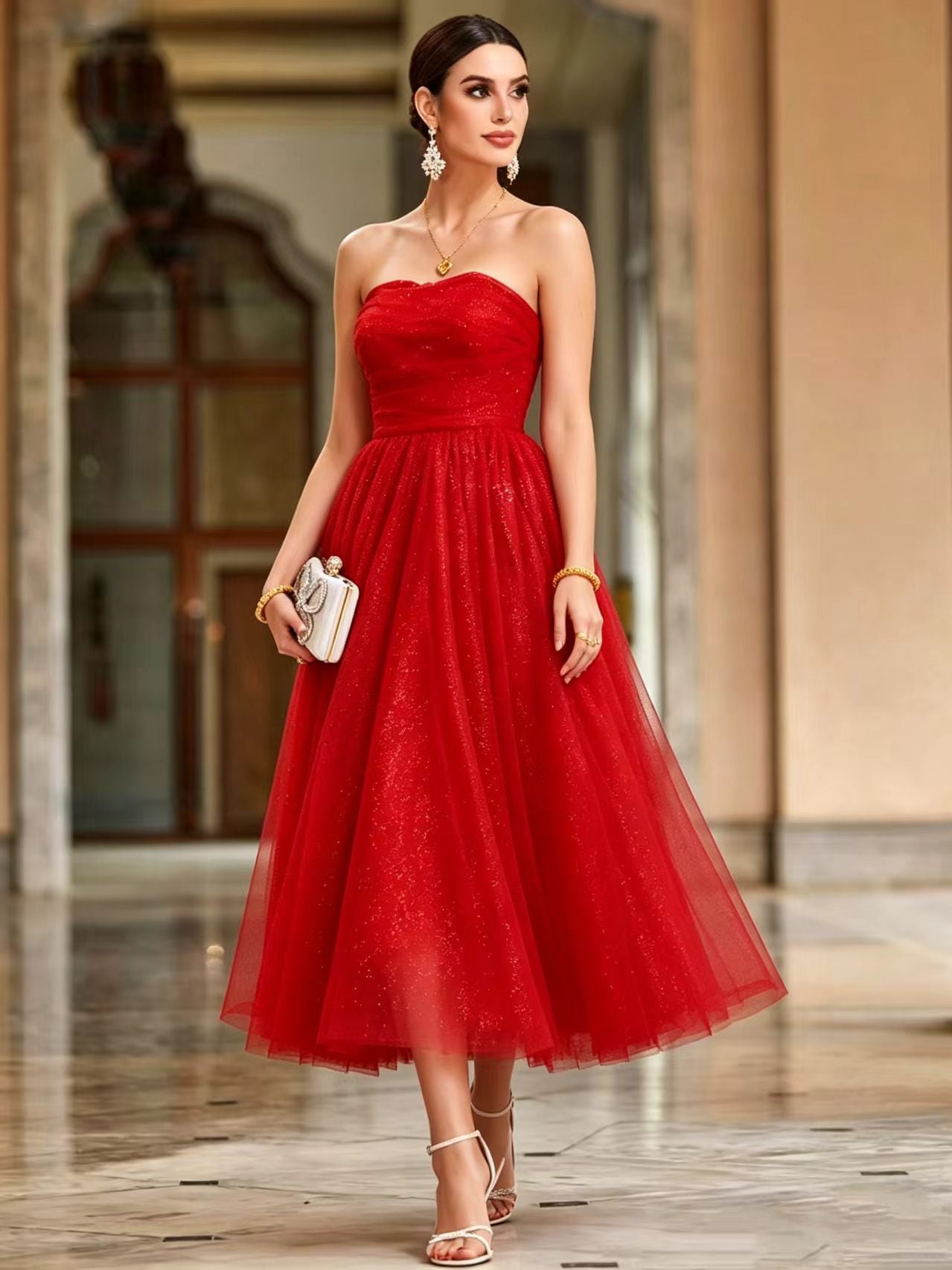 French off Shoulder Red Toast Dress Evening Gown  DestGlow