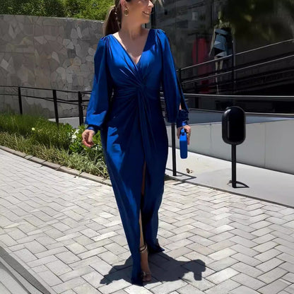 Summer Collar Solid Color Long Sleeve Slim Fit Slit Noble Dress by Ragazza