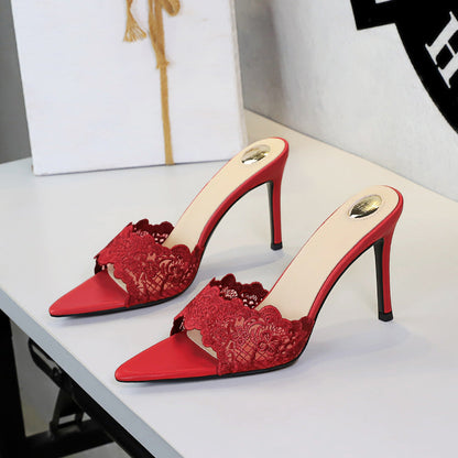 Ultra High Heel Lace Sexy Open Toe Pointed Slip on Stiletto Heel Elegant Lace up Women Slippers  DestGlow