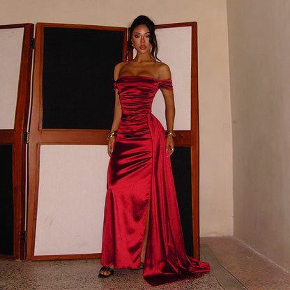 Off Shoulder Satin Dress for Women Autumn Sexy Split Dress by Ragazza