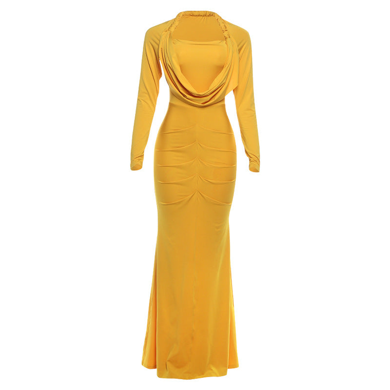 Autumn Winter Women Clothing Fashionable High Grade Solid Color Elegant Pile Collar Sexy Slim Fit Maxi Dress by Ragazza