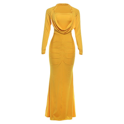Autumn Winter Women Clothing Fashionable High Grade Solid Color Elegant Pile Collar Sexy Slim Fit Maxi Dress by Ragazza