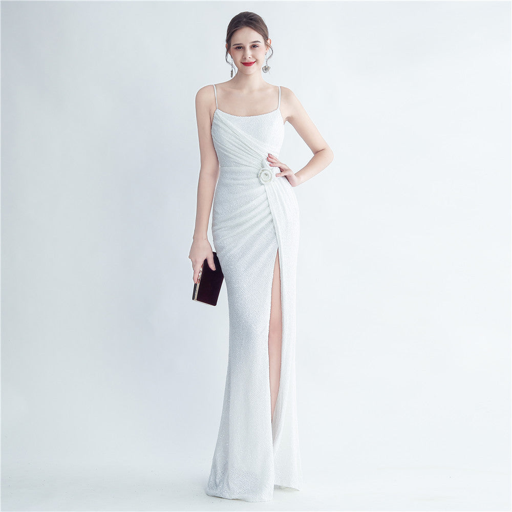 Gathers Sequ Handmade Floral Split Sling Simple Evening Dress by Ragazza