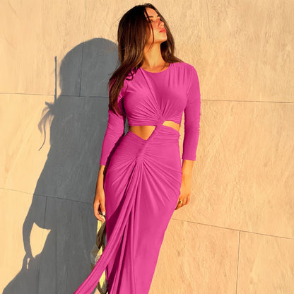 Autumn Winter Women Clothing Fashionable Pleated round Neck High Slit Slim Fit Long Sleeved Dress  DestGlow