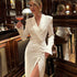 Spring Autumn Party Dress Women V neck Long Sleeve High Waist Split French Dress by Ragazza