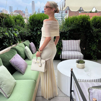 Women Clothing Autumn Tube Top Pleated Mesh Slim Fit Patchwork Dress Two Piece Set by Ragazza