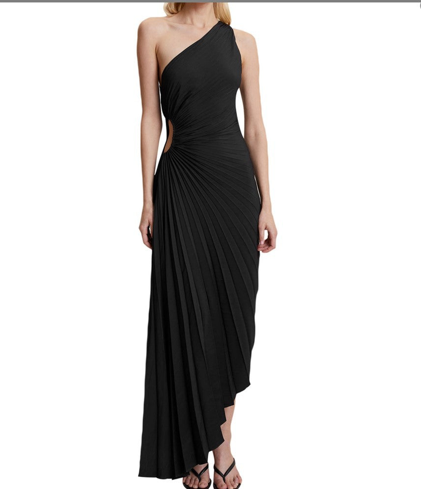 Women Clothing One Shoulder Diagonal Collar Pleated Hollow Out Cutout Dress by Ragazza