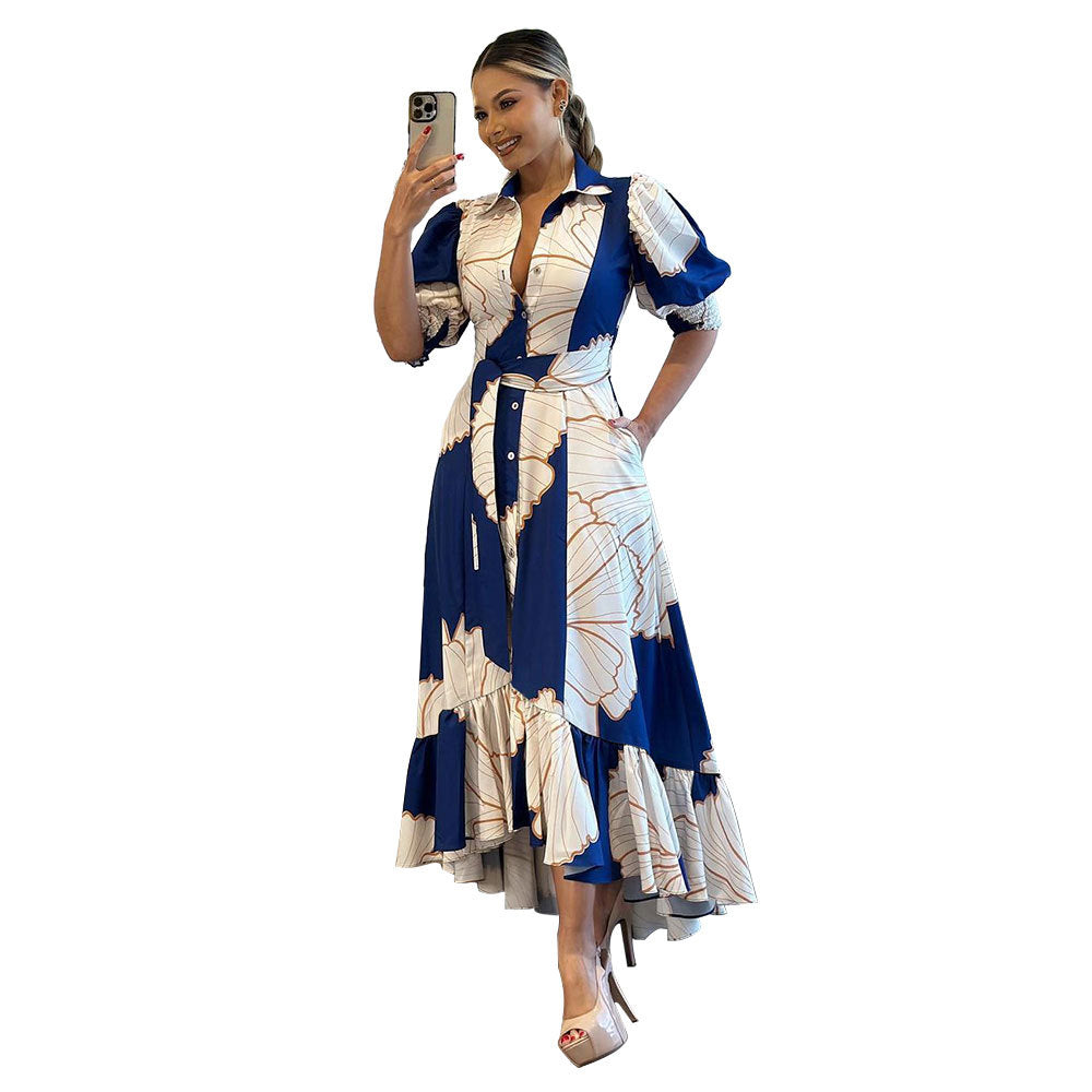 Irregular Asymmetric High Waist Elegant Shirt Cardigan Printed Dress Dress by Ragazza