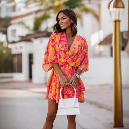 Women Clothing V neck Printed Waist Controlled Batwing Sleeve Half-Length Sleeve Dress by Ragazza