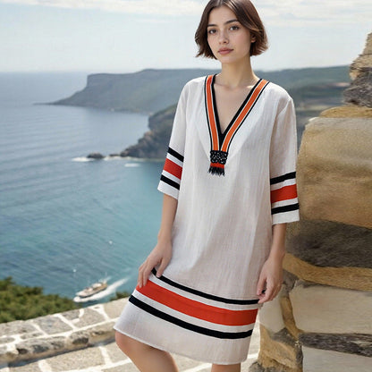 Greek V neck Striped Mid Length Loose Beach Dress Vacation Dress by Ragazza