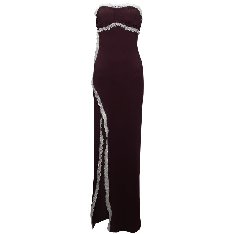 Sexy Lace Tube Top High Waist Sheath Split Solid Color Long Patchwork Dress by Ragazza