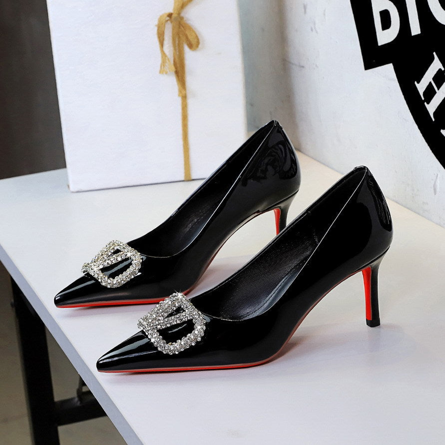 Sexy Red Background Patent Leather Rhinestone V Buckle Decorative Pointed Low Cut Slip on Stiletto Heel  DestGlow