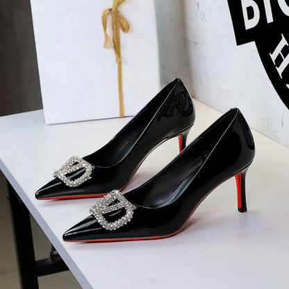 Sexy Red Background Patent Leather Rhinestone V Buckle Decorative Pointed Low Cut Slip on Stiletto Heel  DestGlow