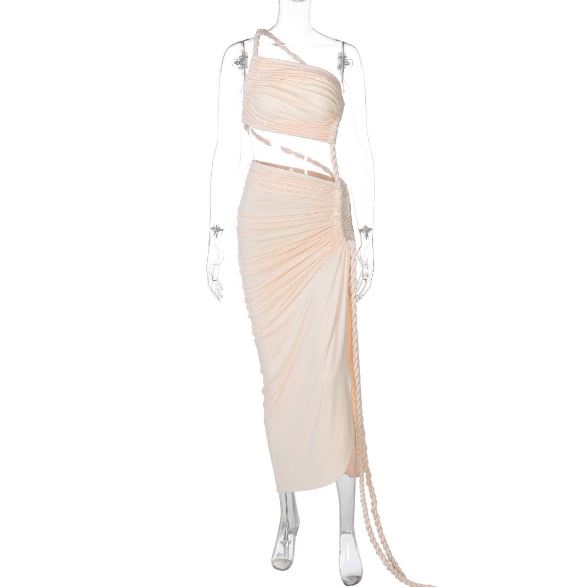 Women Clothing Spring Summer Shoulder Tube Top Backless Hollow Out Cutout Lace Pleated Dress by Ragazza