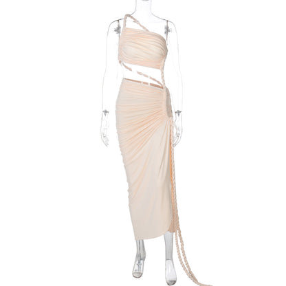 Women Clothing Spring Summer Shoulder Tube Top Backless Hollow Out Cutout Lace Pleated Dress by Ragazza