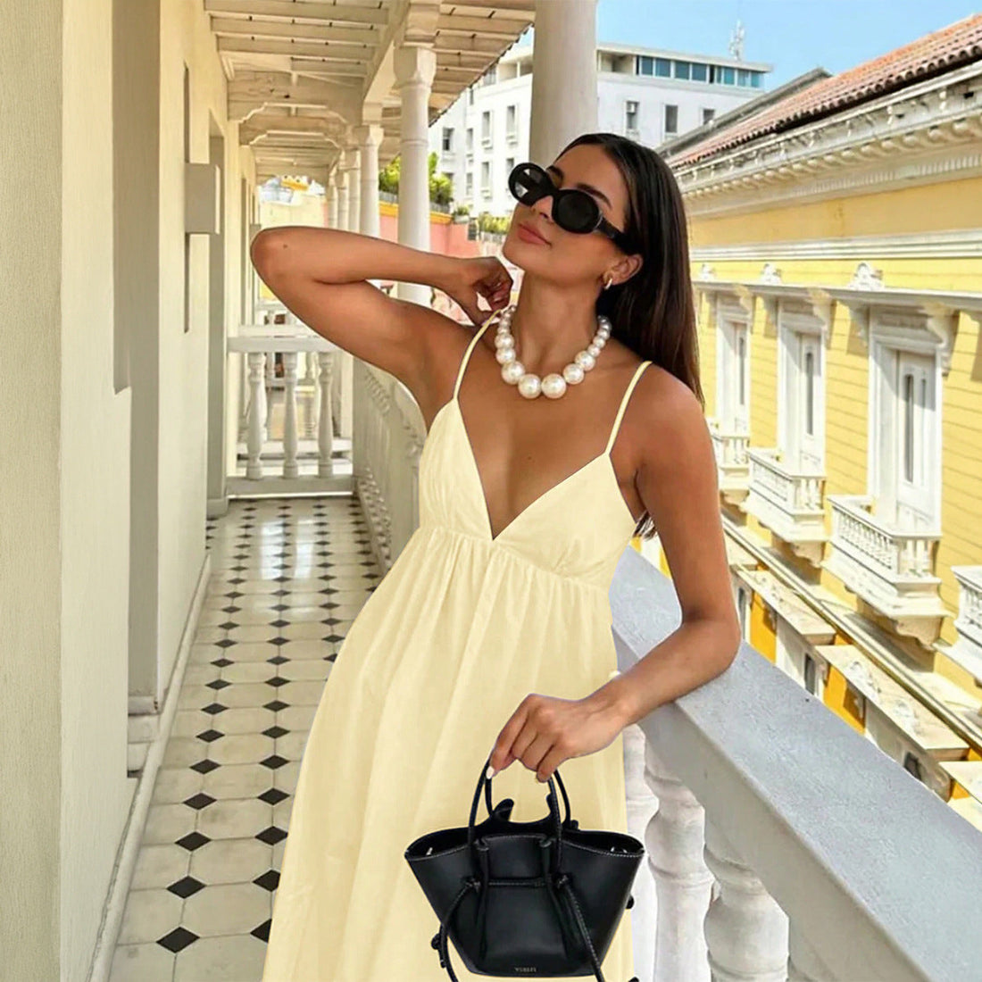 Women Clothing Summer Casual Vacation Sling Deep V Plunge High Waist Loose Dress by Ragazza